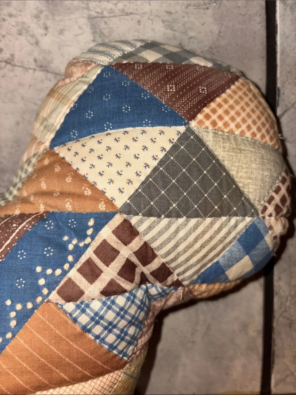 Vintage 90s Patchwork Quilted Chicken  Accent Pillow in Blue and Brown Handmade